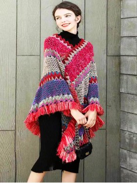 Boho Aztec Poncho W/ Fringes 